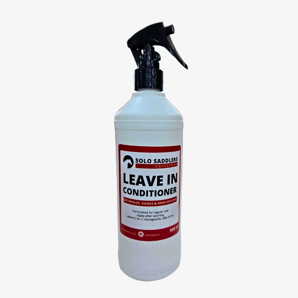 Bottle of Solo Saddlers leave-in conditioner on a white background